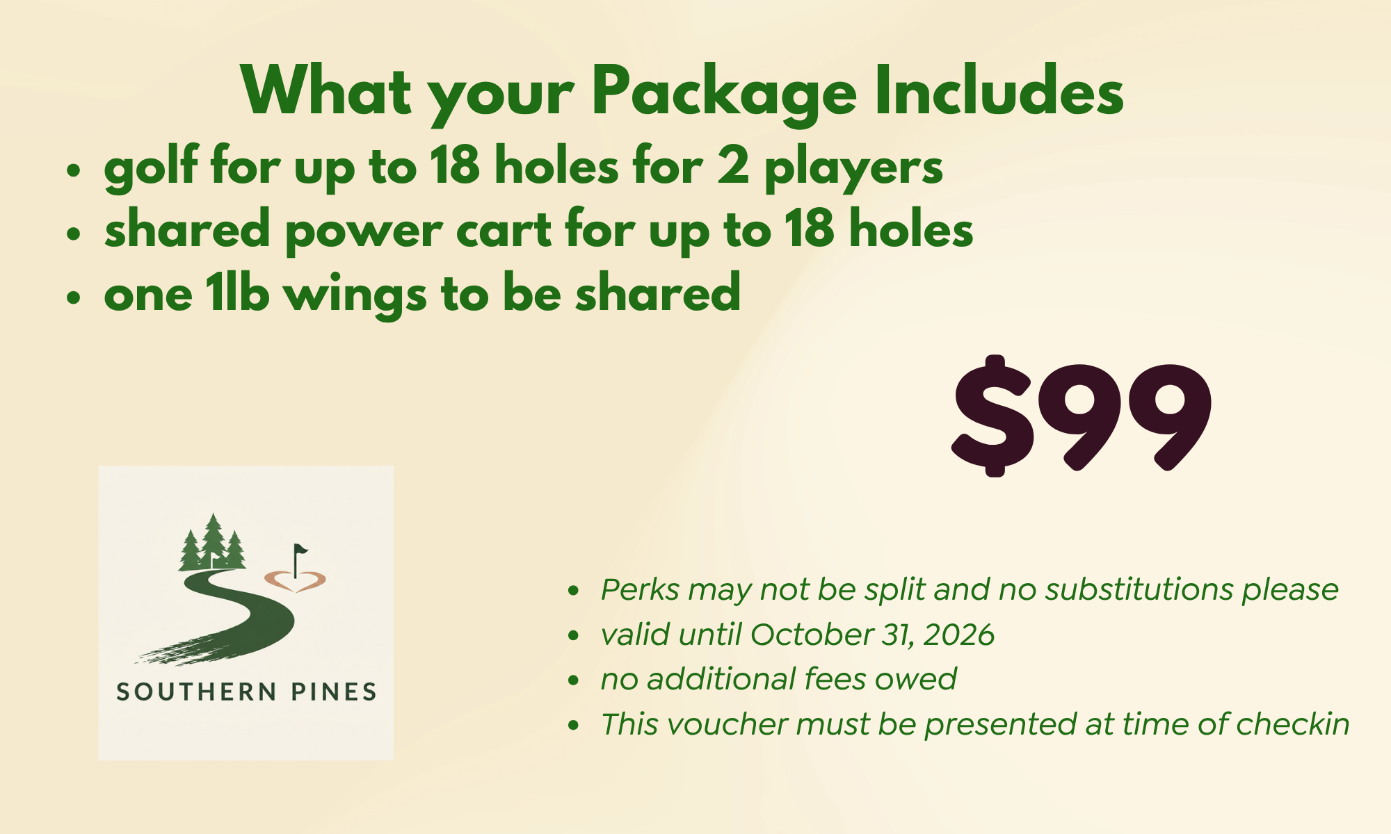 Buy Pines Perk - $99 Golf for 2 with Wings