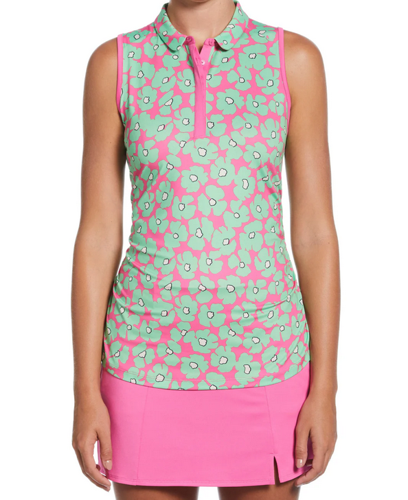 Floral Sleeveless Top with Mini Collar and Side Shirring    Style #CGKSF220