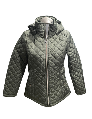 Ladies Puffer Diamond Pattern Hooded Mid Length Jacket