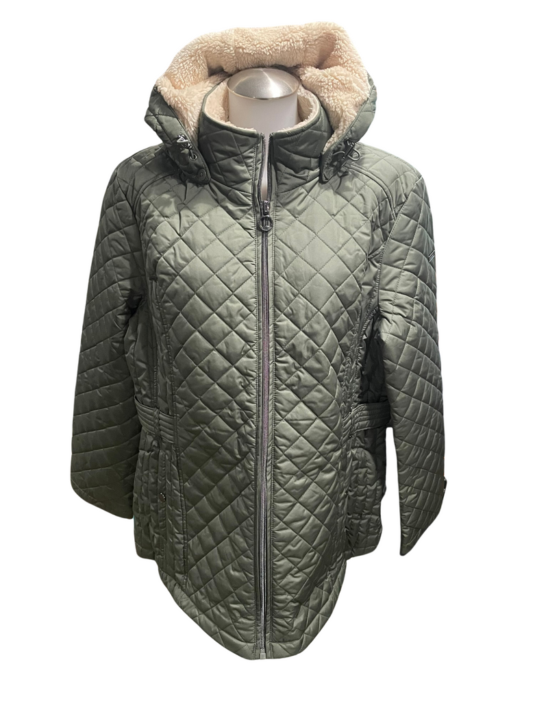 Ladies Puffer Diamond Pattern Faux Fur Hooded Mid Length Jacket