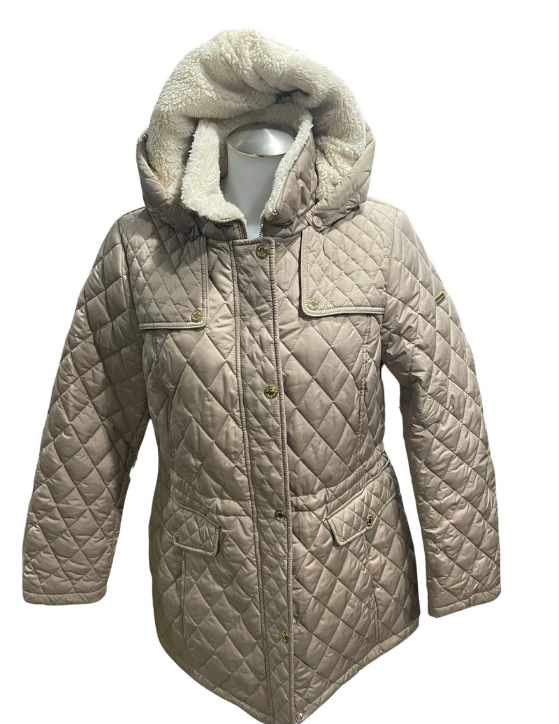 Ladies Puffer Diamond Pattern Hooded Mid Length Jacket