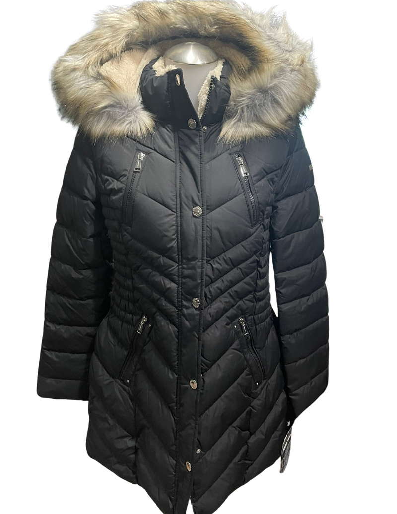 Ladies Faux Hood Puffer Knee Length Jacket (CT228875)