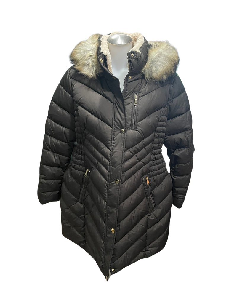 Ladies Faux Hood Puffer Knee Length Jacket (T623488)