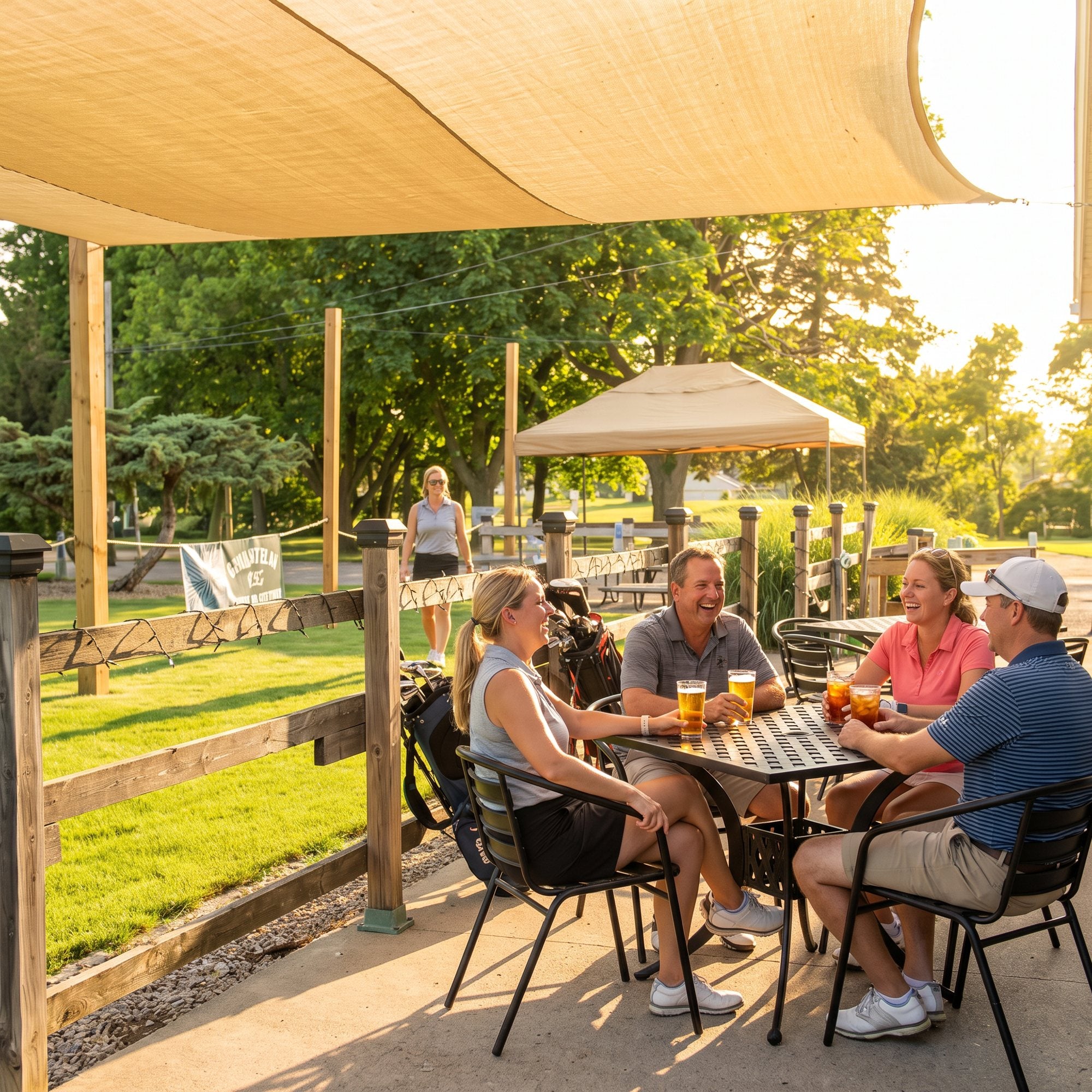Golfers on the Southern Pines patio under the shade sail in the evening sun